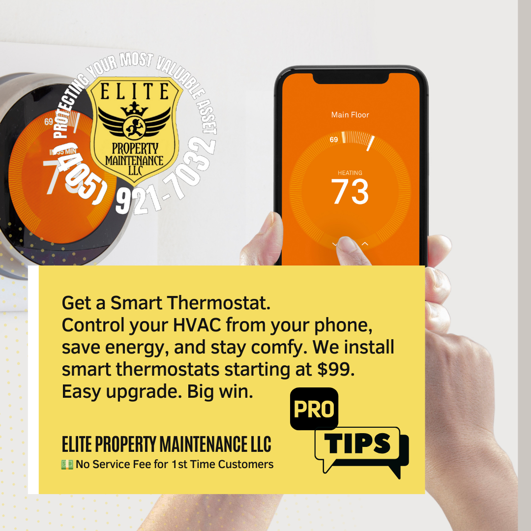 Elite Property Maintenance thermostat and winter freeze prep graphic