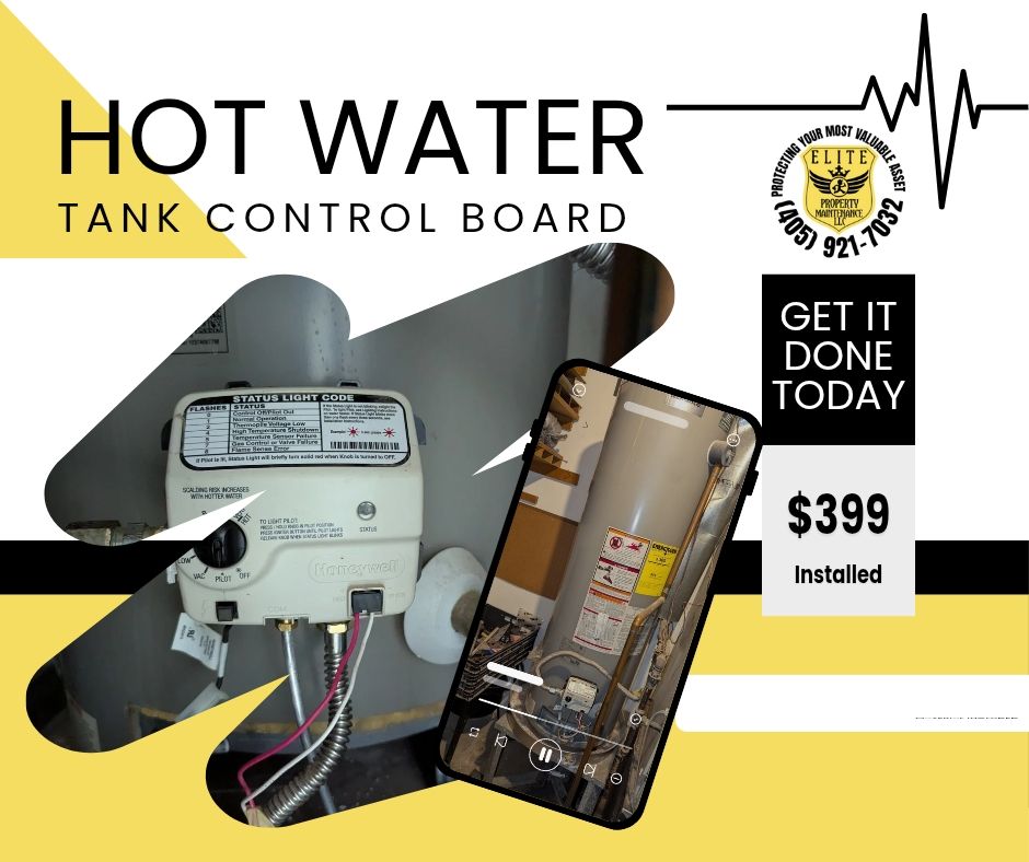Elite Property Maintenance hot water tank control board promotional graphic with historical installed price of $399