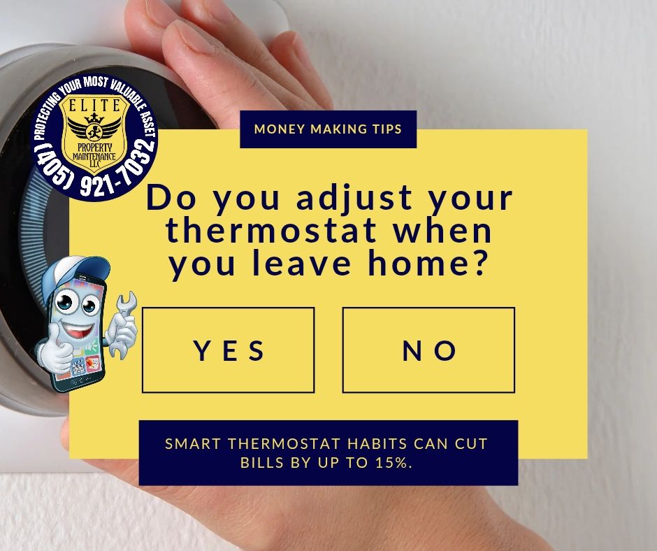 Elite Property Maintenance thermostat and comfort tips graphic for Oklahoma homeowners