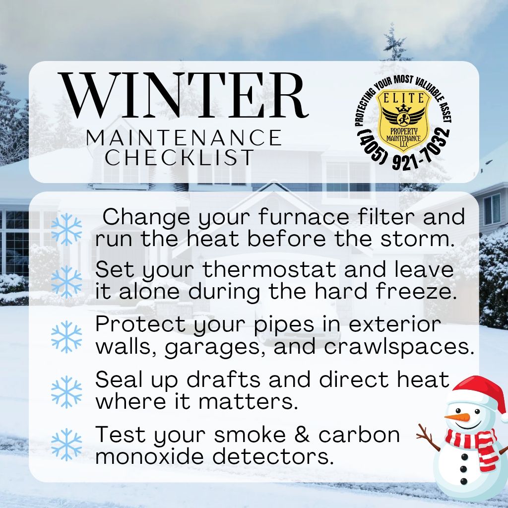 Elite Property Maintenance winter preparation and heater service reminder graphic